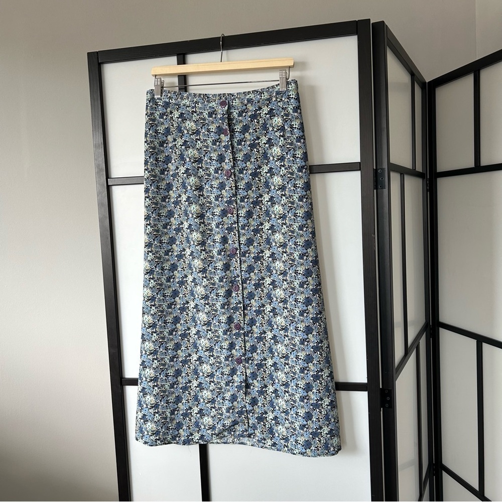 [1X] CJ Banks Blue & Green Spring Floral Purple Button Up Vintage Maxi Skirt